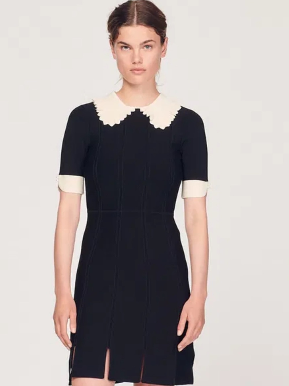Sandro Black Mini Dress with Cream Scalloped Collar